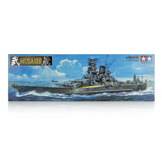 Assembled Tamiya 1/350 Japanese Battleship Musashi Model Kit showcasing detailed superstructure and armaments