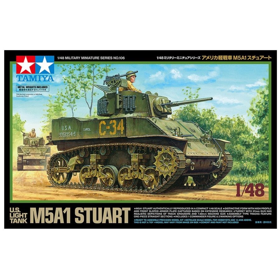 Tamiya 1:48 M5A1 Stuart light tank kit box art and sprues showing turret, hull parts, tracks, and decal sheet