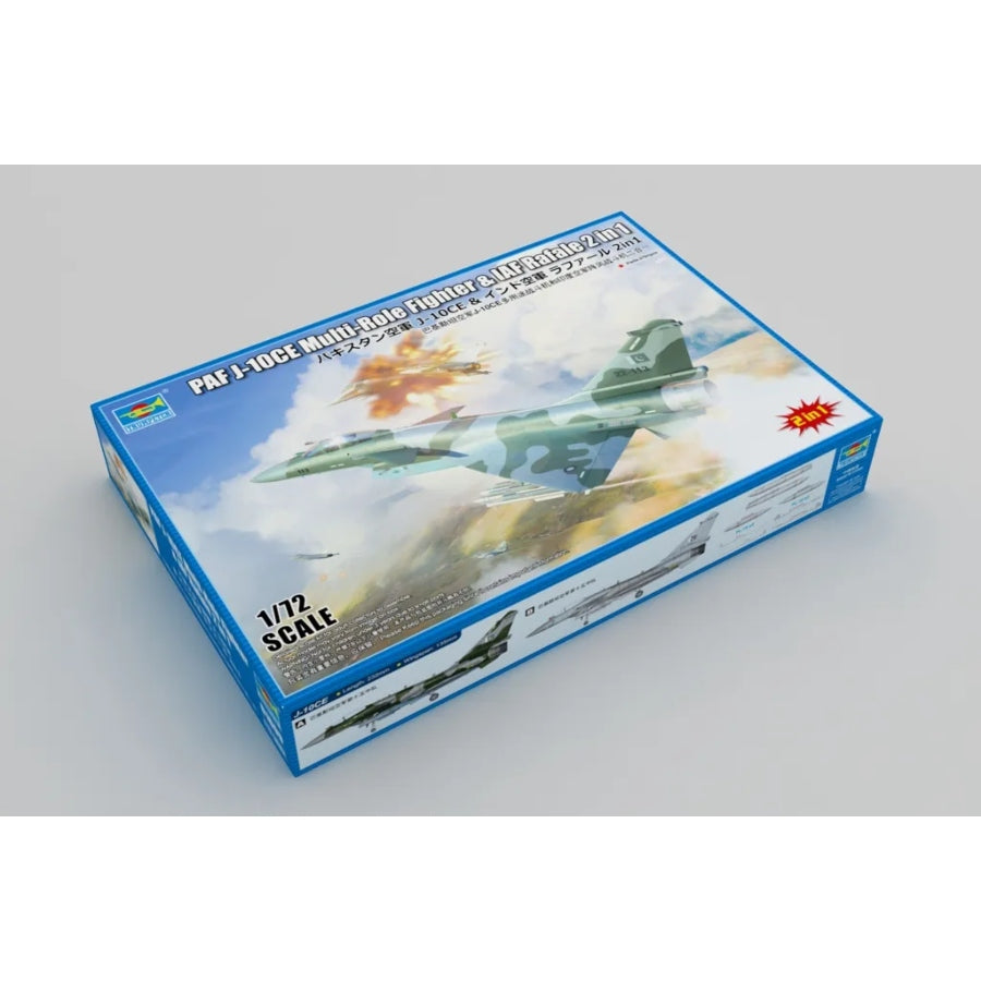Trumpeter 1:72 PAF J-10CE and IAF Rafale 2-in-1 aircraft plastic model kit box.