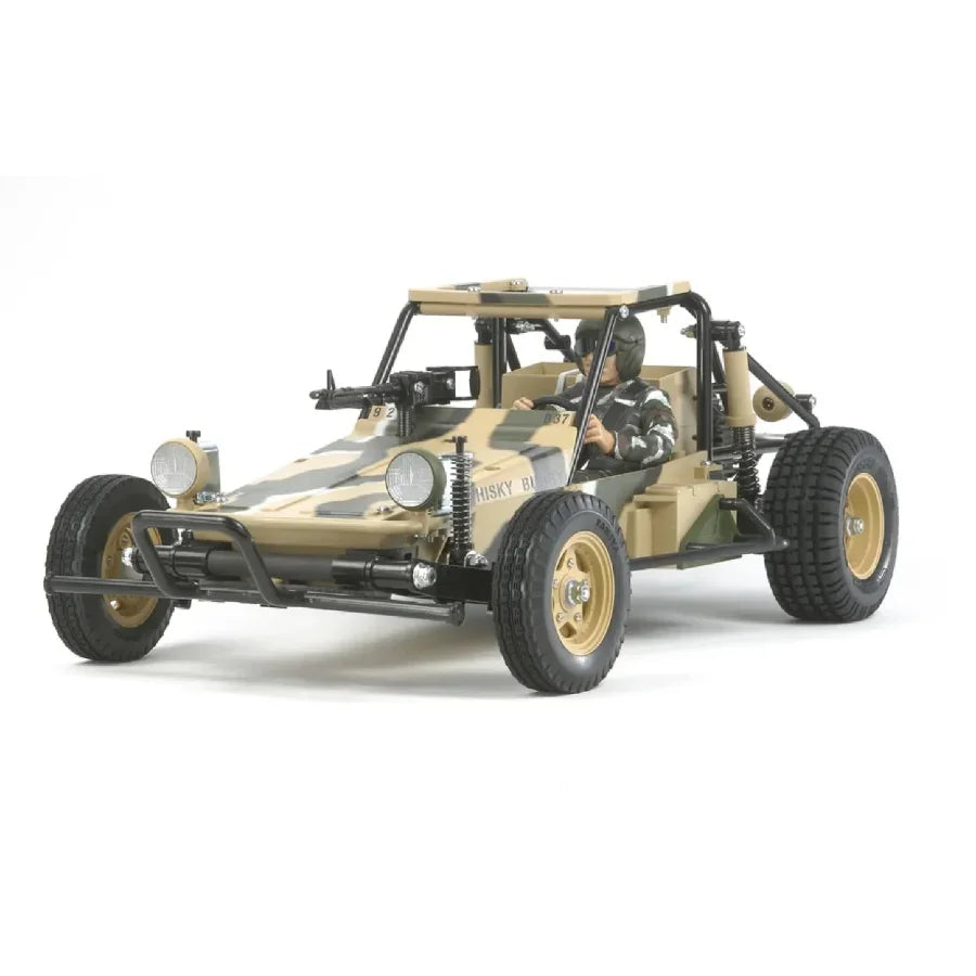Camouflage military-style RC buggy with driver figure, off-road tires, and detailed suspension for hobbyists