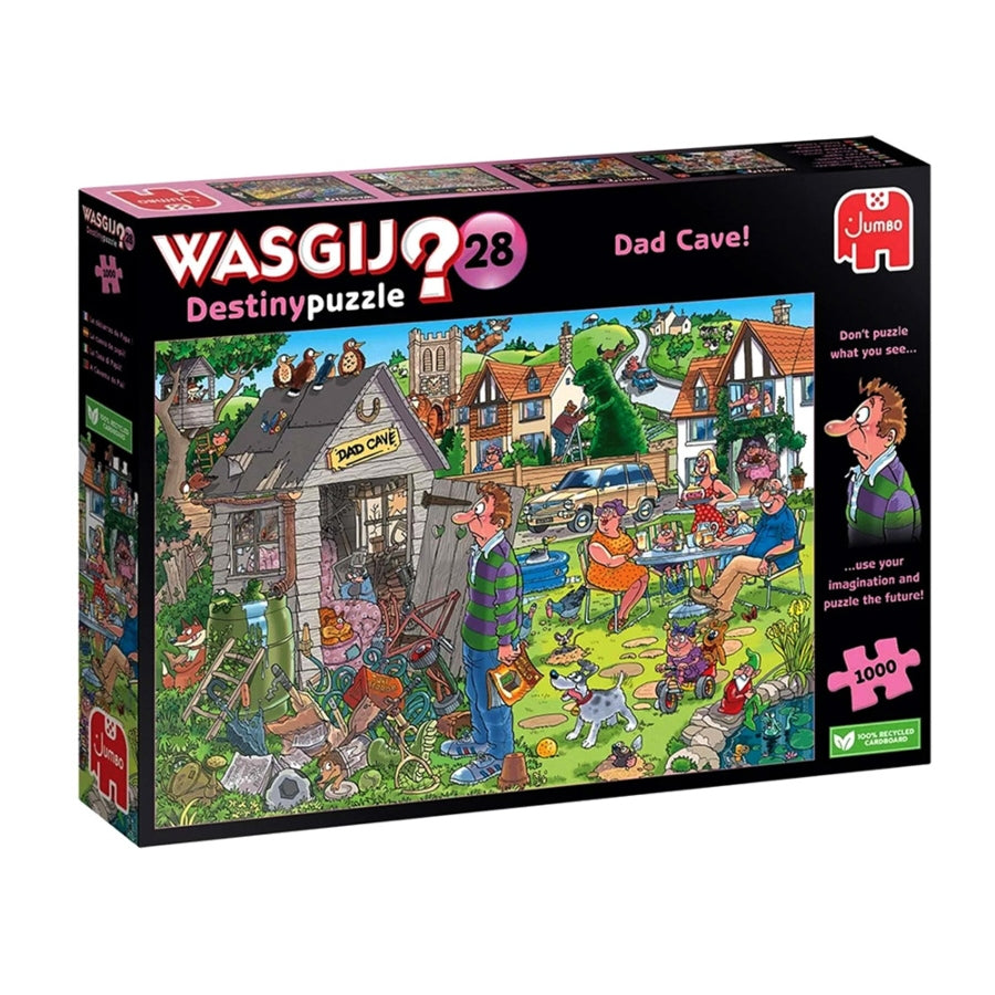 Wasgij Destiny 28 Dad Cave! 1000-piece jigsaw puzzle box showing cluttered shed and garden setting
