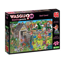 Wasgij Destiny 28 Dad Cave! 1000-piece jigsaw puzzle box showing cluttered shed and garden setting