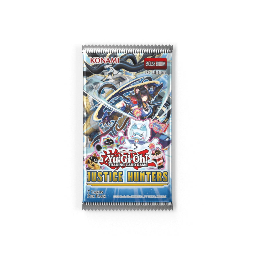Pack art for Yu‑Gi‑Oh! Justice Hunters deck build booster, featuring Dracotail theme and Justice Hunters logo