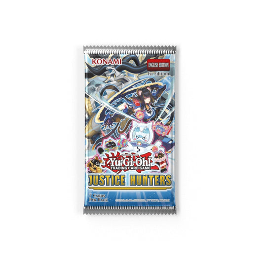 Pack art for Yu‑Gi‑Oh! Justice Hunters deck build booster, featuring Dracotail theme and Justice Hunters logo