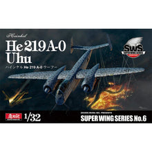 Zoukei‑Mura 1/32 He 219 A‑0 Uhu model kit showing detailed twin‑engine radial layout, clear canopy sprue and camouflage box art