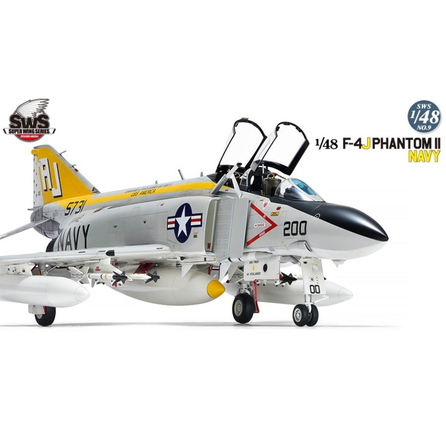 Zoukei‑Mura 1:48 F‑4J Phantom II model kit box with clear and grey sprues, showing VF‑142 Ghostriders markings and detailed cockpit assembly