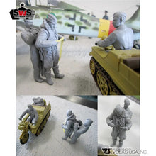 Unpainted resin figures for 1/32 Kettenkrad boarding preparation: driver, mechanic, pilot figures posed beside Kettenkrad