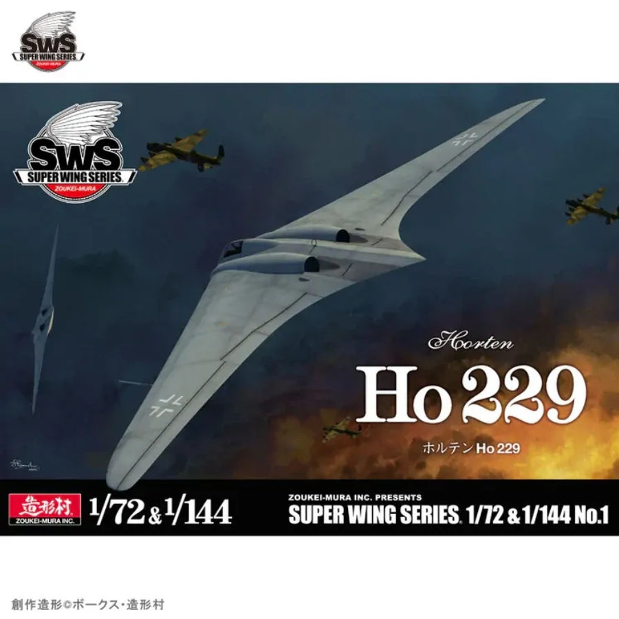 Zoukei‑Mura dual-scale kit featuring 1:72 and 1:144 Horten Ho 229 flying wing models, detailed clear and grey sprues
