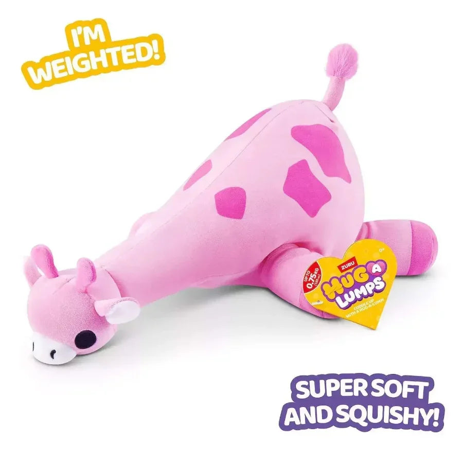 Pink weighted giraffe plush toy, super soft and squishy, perfect for hugging and cuddling.
