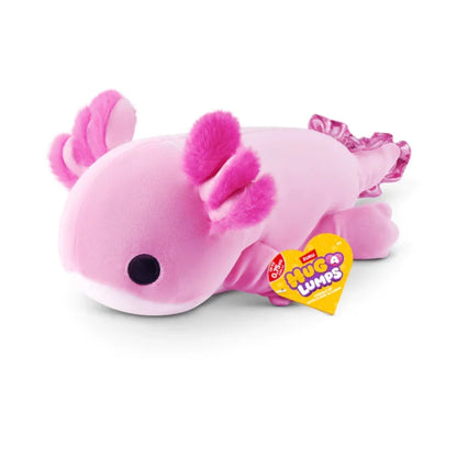 Pink plush axolotl toy with fuzzy gills and Hug a Lumps tag, perfect for collectors and kids