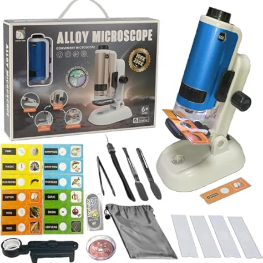 Alloy microscope set with packaging, tools, and accessories on a white background