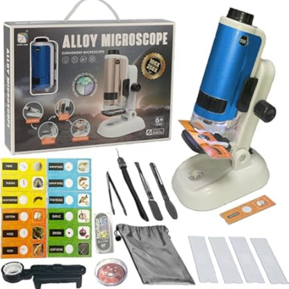 Alloy microscope set with packaging, tools, and accessories on a white background