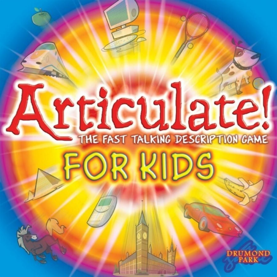 Articulate For Kids board game box with colourful artwork and word cards designed for ages 6 and up


