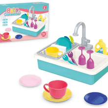 Children’s toy sink with battery-powered working faucet and water circulation system, paired with play dishes, cups, and a dish rack