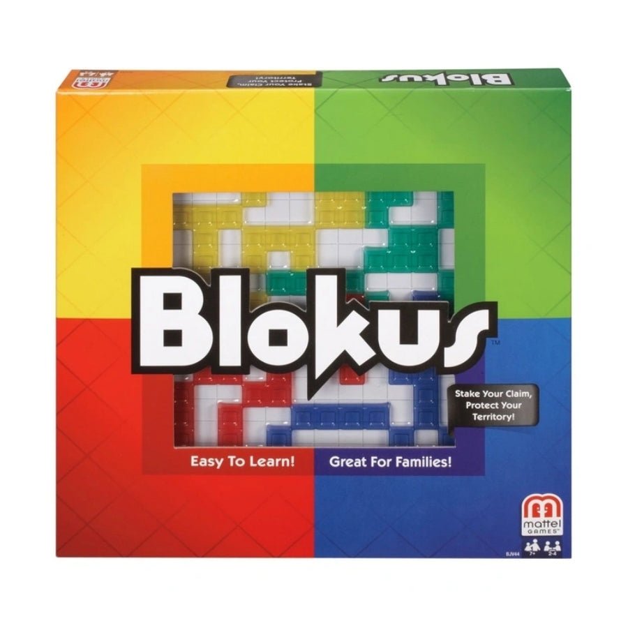 Blokus board game with colourful Tetris-like pieces on a grid board for 2 to 4 players
