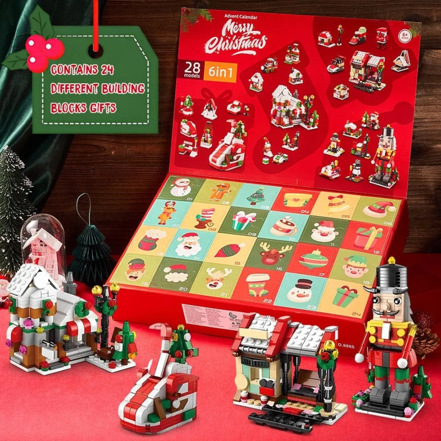 Advent calendar with building block toys on a red surface