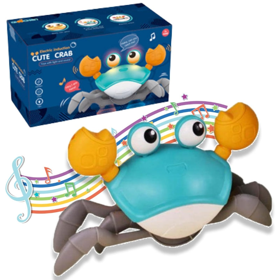 Toy crab with music notes and packaging on a white background