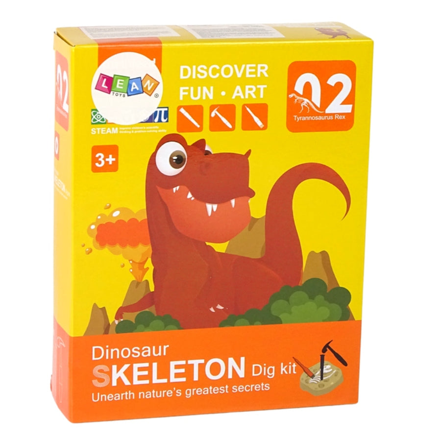 Dinosaur skeleton dig kit packaging with a cartoon dinosaur on a yellow and orange background