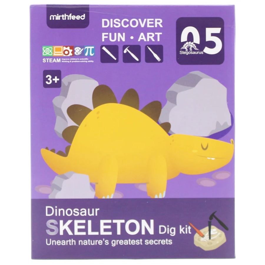 Dinosaur skeleton dig kit packaging with a purple background and yellow dinosaur illustration.
