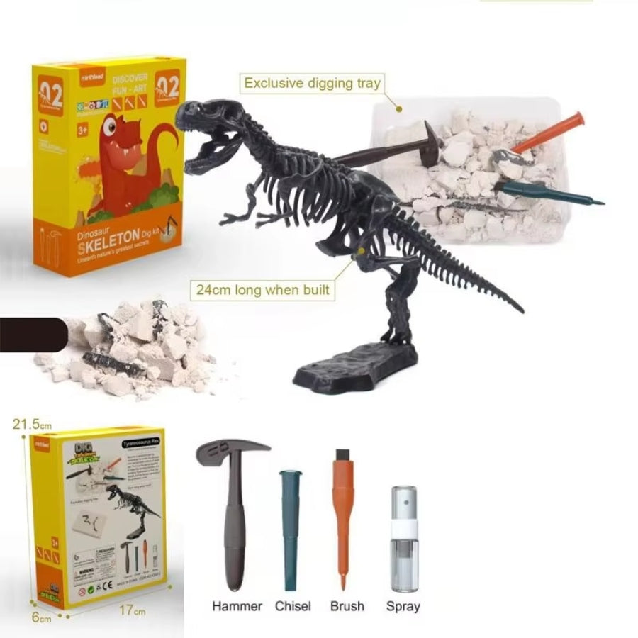 Dinosaur skeleton toy set with tools and packaging on a white background
