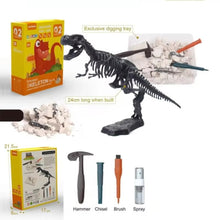 Dinosaur skeleton toy set with tools and packaging on a white background