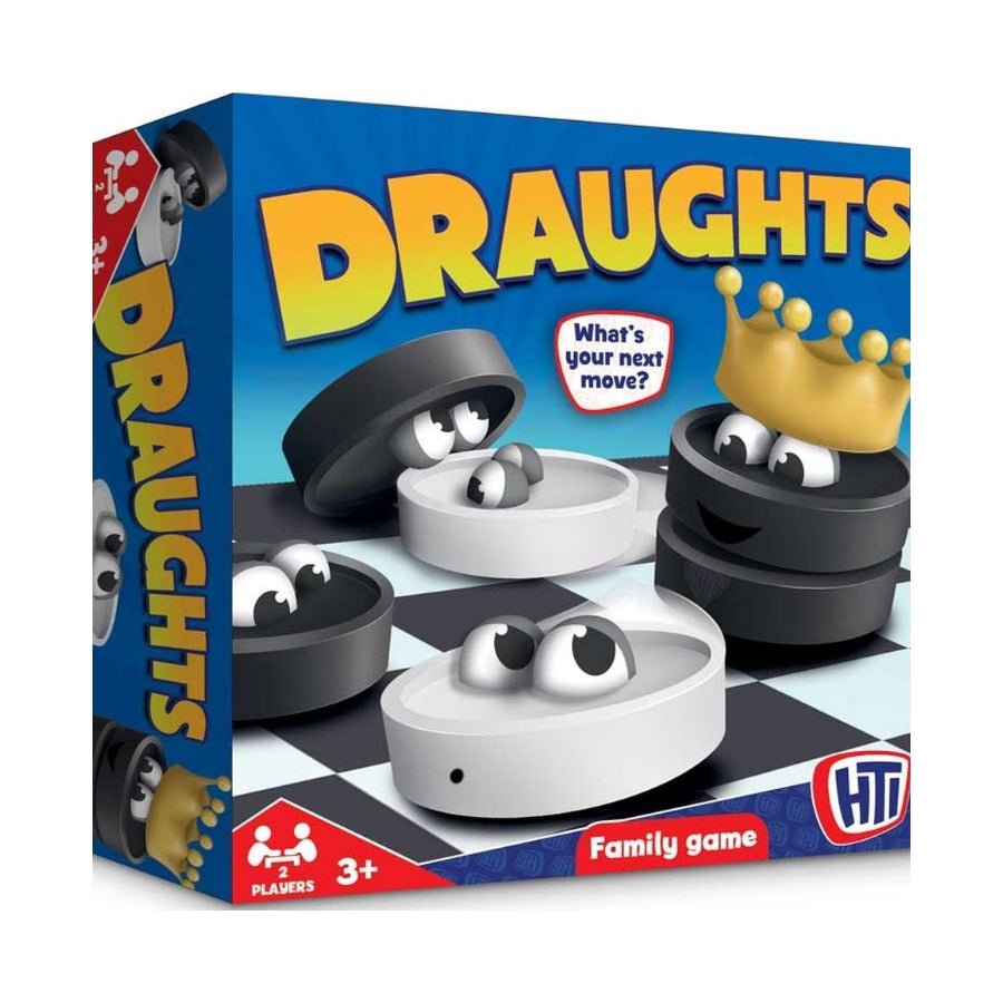 Classic Draughts game board with black and white checkers set up for two-player strategic gameplay