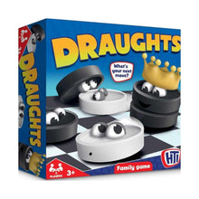Classic Draughts game board with black and white checkers set up for two-player strategic gameplay