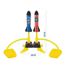 Colorful foam rocket launcher for kids with foot pedal pump and foam rockets on a launch pad