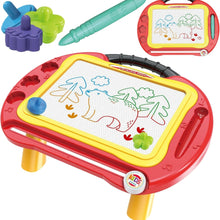 Colorful drawing board with magnetic elements and markers on a white background