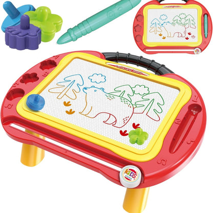 Colorful drawing board with magnetic elements and markers on a white background