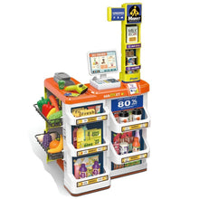 Toy checkout stand with various items and a screen on a white background