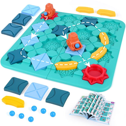 Children's educational board game with colorful pieces on a blue board