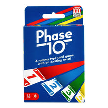 Mattel Phase 10 Card Game box with colourful cards and phase tracking designed for fun family gameplay