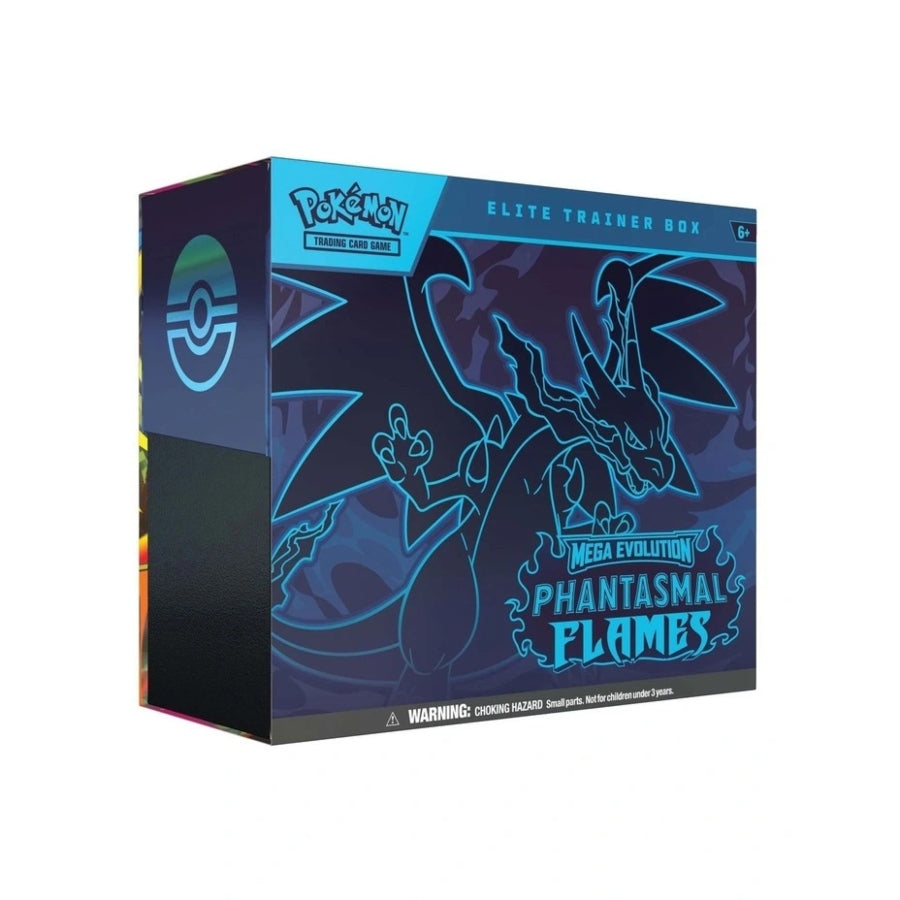 Pokémon TCG Phantasmal Flames Elite Trainer Box with accessories and booster packs.