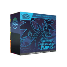 Pokémon TCG Phantasmal Flames Elite Trainer Box with accessories and booster packs.