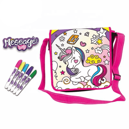 Message Bag Unicorn DIY Painting Bag – kids’ craft art set with unicorn handbag and colour markers  for creative DIY decorating fun.