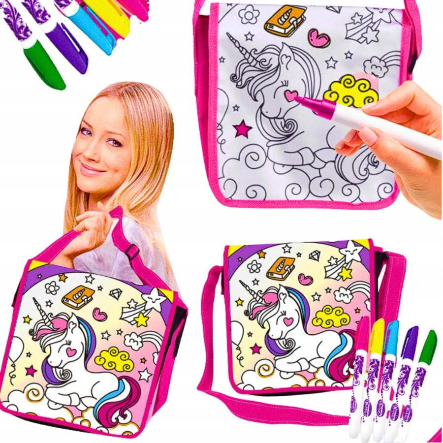 Colouring bag with unicorn design, markers, and a child holding the bag.