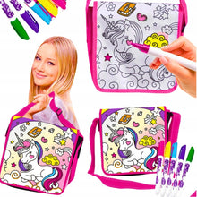 Colouring bag with unicorn design, markers, and a child holding the bag.