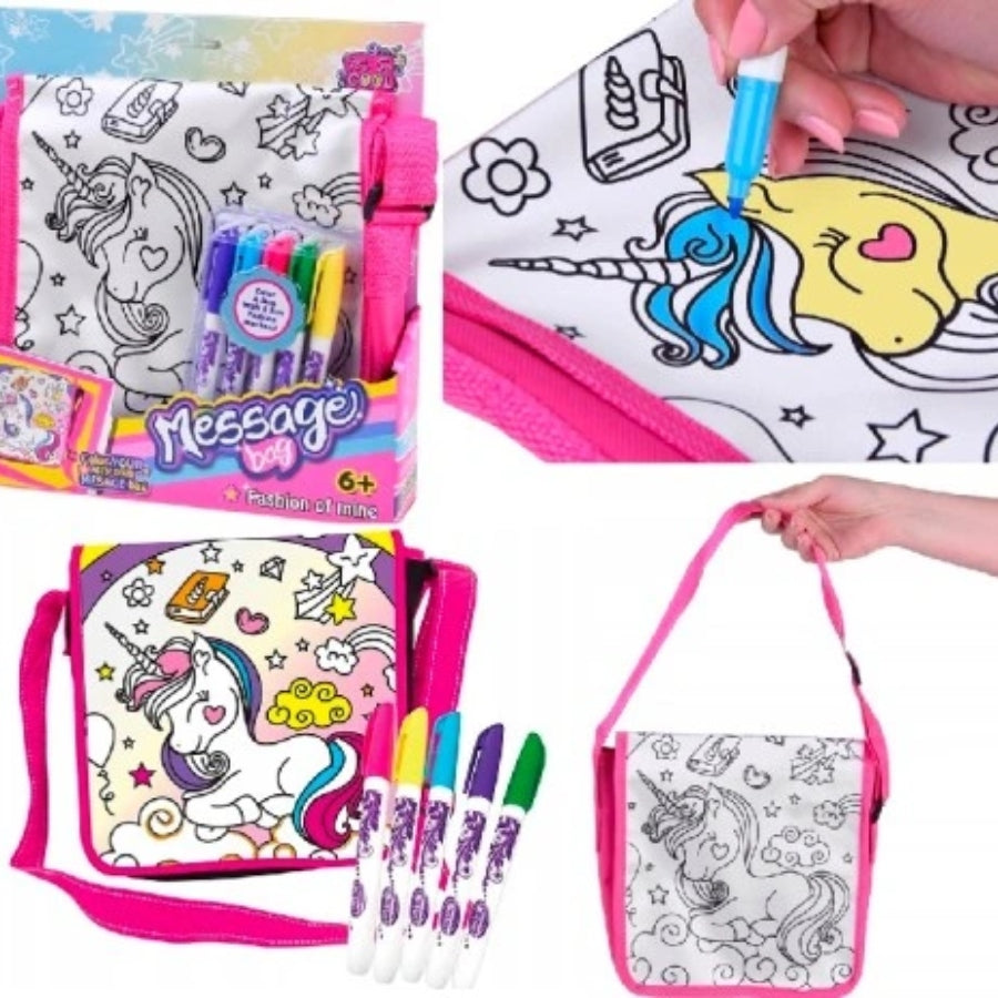 Colouring bag with unicorn design, markers,  on a white background.