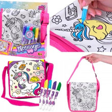 Colouring bag with unicorn design, markers,  on a white background.