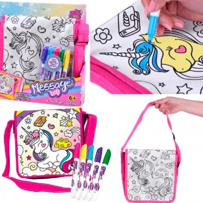 Colouring bag with unicorn design, markers,  on a white background.