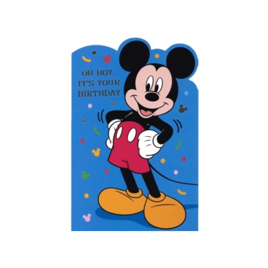 Mickey Mouse birthday card with “Oh Boy It’s Your Birthday” text and cheerful Disney design