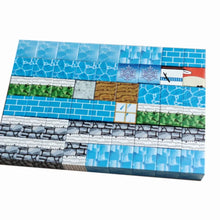 Colorful modular building tiles with water, brick, grass, and snow designs for creative model kits and hobby builds
