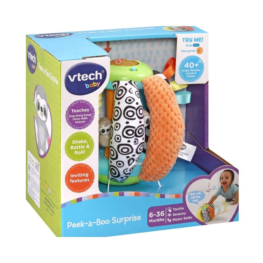 VTech Peek-a-Boo Surprise toy with spinning sloth characters, light-up button, and textured surfaces