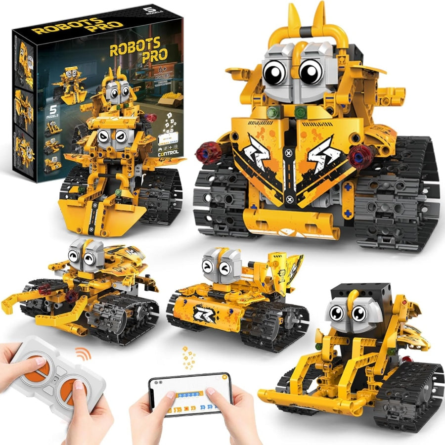 Toy robot set with remote control and smartphone app interface, displayed with packaging.
