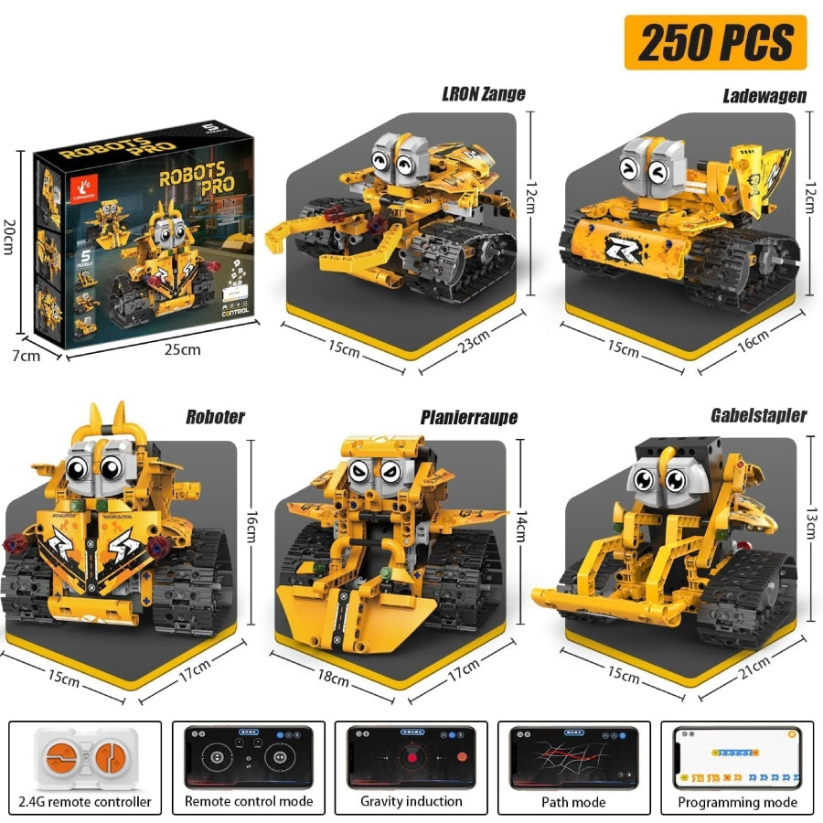 Set of toy construction robots with packaging and dimensions displayed.
