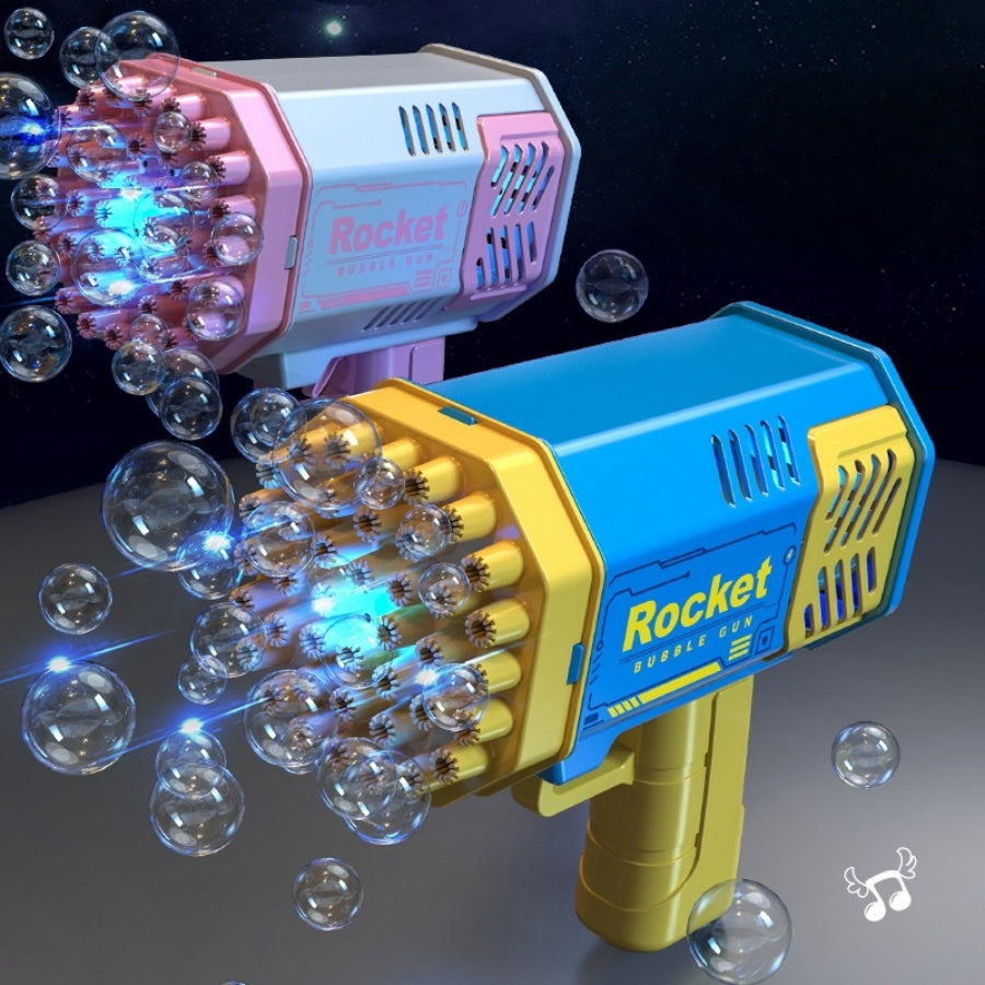 Two bubble guns, one pink and one blue and yellow, with bubbles around them on a dark background.