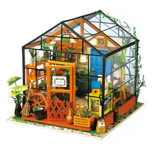 Rolife DIY Miniature Kit Cathy’s Flower House with plants, shelves, and detailed wooden pieces