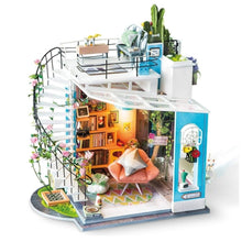 Rolife Dora’s Loft DIY miniature house model with wooden furniture, stairs, and LED lighting in a modern loft design