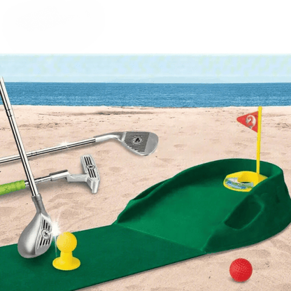 A golf club toy set with a miniature golf course design on a beach background